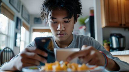 Young man focused on smartphone, ignoring breakfast, in a modern kitchen setting. - obrazy, fototapety, plakaty