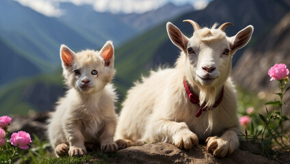A white cat and a white goat are sitting on a rock in front of a mountainous background.


