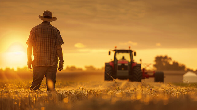 back view of a farmer stands in the field and looks at his farm with tractor