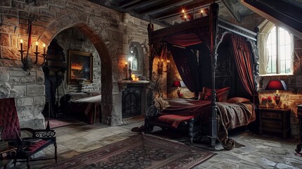 Gothic castle-inspired bedroom with canopy bed, stone walls, and velvet drapes. - obrazy, fototapety, plakaty