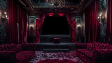 Gothic castle-inspired home theater with velvet curtains, throne-style seating, and immersive sound system. - obrazy, fototapety, plakaty