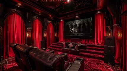 Gothic castle-inspired home theater with velvet curtains, throne-style seating, and immersive sound...