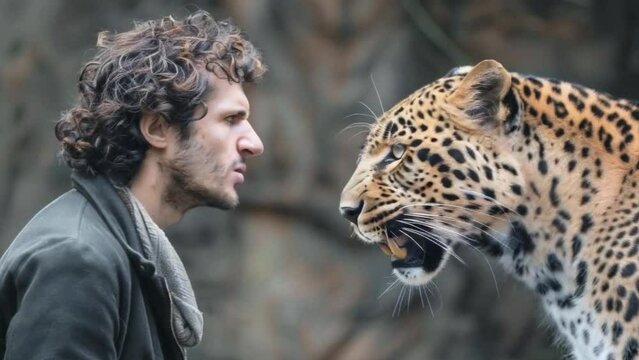 A man stands in front of a large leopard 4K motion