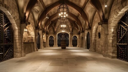 Fototapeta premium Gothic cathedral-inspired wine cellar with stone arches, vaulted ceilings, and wrought iron wine racks.