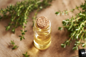 A bottle of aromatherapy essential oil with fresh thyme twigs