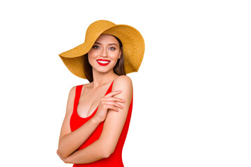 Visage maquillage leisure travel lifestyle person resort people concept. Photo portrait of beautiful pretty lady with beaming toothy smile isolated bright background copy-space