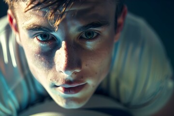 Closeup portrait of rugby player in action with ball. Concept Sports Photography, Rugby Player, Action Shot, Close-up Portrait, Ball Movement