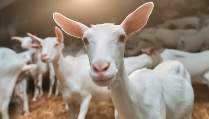 Obraz premium White goats in the barn. Warm colors