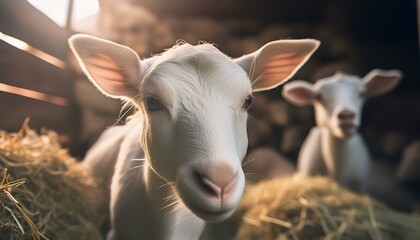 Obraz premium White goats in the barn. Warm colors