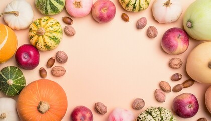 Bright pastel autumn background with a frame of harvest: multicolored and multipatterned pumpkins, nuts, corn, wheat, and spices, and a space for text