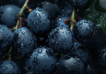 Close-up of dewy dark grape berries. Soft focus.