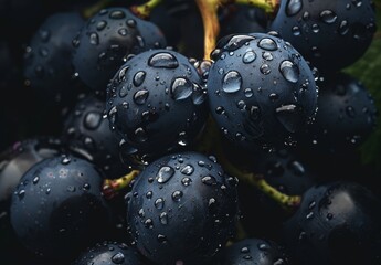 Close-up of dewy dark grape berries. Soft focus.