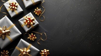 Elegant silver gift boxes with golden ribbons on a textured dark background, festive and luxurious.