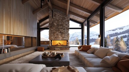 Modern chalet with cozy textiles, stone fireplace, and panoramic views.