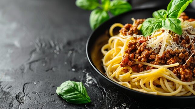 Close-up image of a plate of spaghetti Bolognese, garnished with fresh basil and shredded cheese.