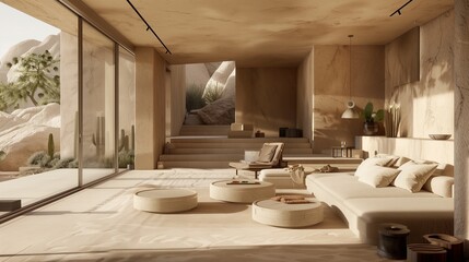 Modern desert oasis with sand-colored palette, natural materials, and minimalist decor.