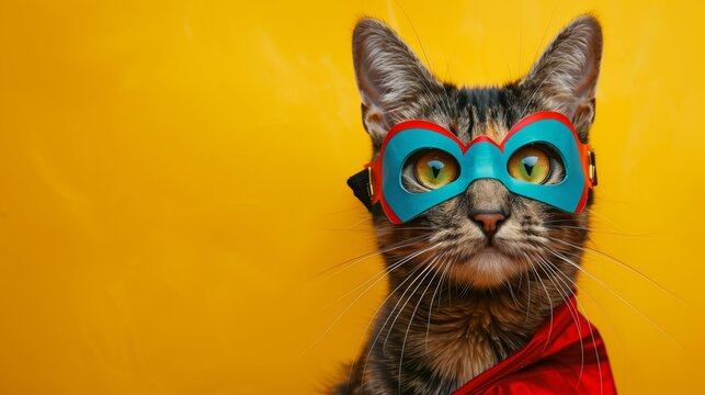 A humorous image of a cat wearing blue and red superhero goggles against a bright yellow background.