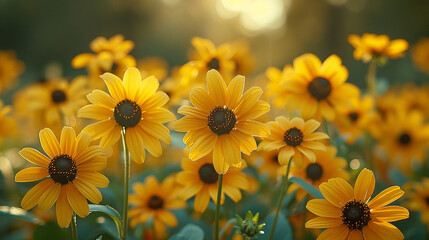 A close-up of delicate black-eyed Susan flowers, their sunny yellow petals dotted with dark centers - Powered by Adobe