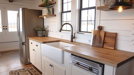 Modern farmhouse kitchen with shiplap walls, farmhouse sink, and butcher block countertops.