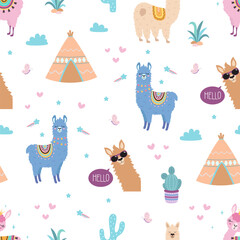 seamless pattern with cute cartoon llamas