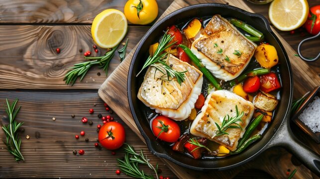 Delicious pan-seared fish fillets with colorful vegetables and fresh herbs in a skillet.