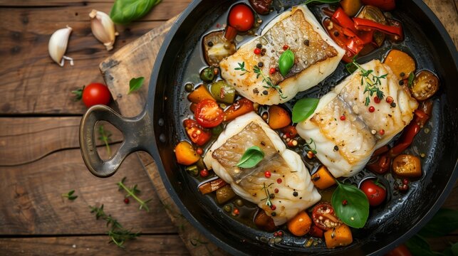 Delicious pan-seared cod fillets with colorful vegetables and herbs in a cast iron skillet.
