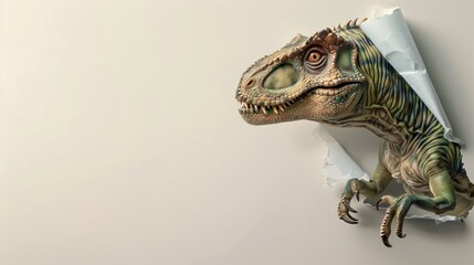 Realistic dinosaur breaking through a torn white paper on a light background.