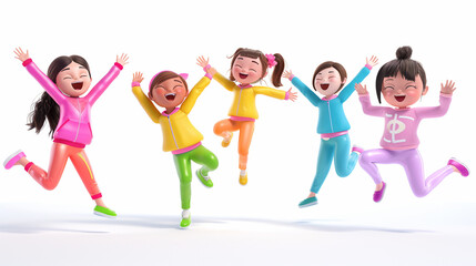 Fototapeta premium Young cute cartoon excited funny smiling colorful casual active girls in fashion clothes jump up in air high five clapping hands with joy, celebrate success in work. 3d render isolated 