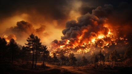 A raging forest fire at night, seen from a distance. The flames are devouring the trees and the smoke is billowing into the sky.