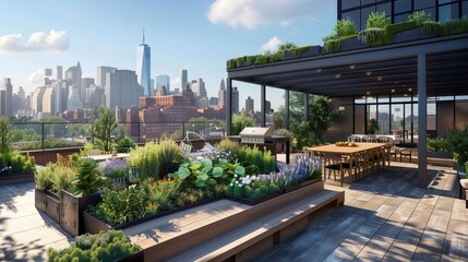 Modern urban rooftop garden with raised planters, outdoor dining area, and cityscape backdrop.
