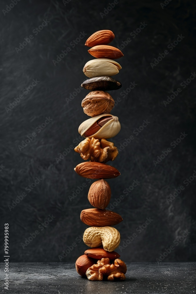 Wall mural A variety of nuts stacked in a vertical column against a dark background - Wall murals