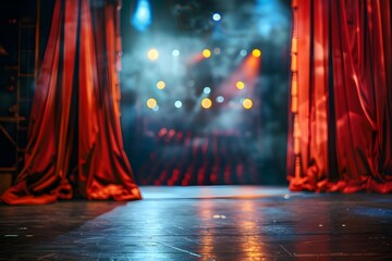 Embrace the Splendor of a Dramatic Theater Stage with Vibrant Red Curtains and Spotlight. Concept Dramatic Theater Stage, Vibrant Red Curtains, Spotlight, Theatrical Performance, Stage Lighting