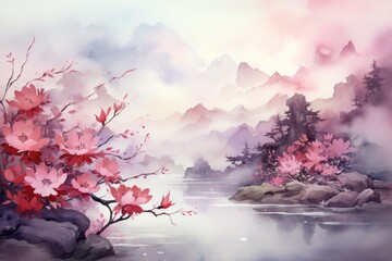 A beautiful watercolor painting of a mountain landscape with cherry blossoms in the foreground.