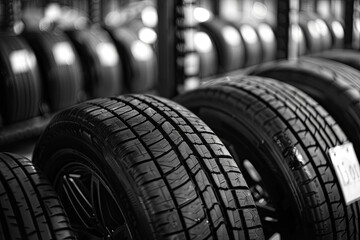 An extensive array of newly manufactured tires, displayed in multiple rows