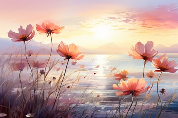 A beautiful watercolor painting of pink cosmos flowers in a field at sunset.