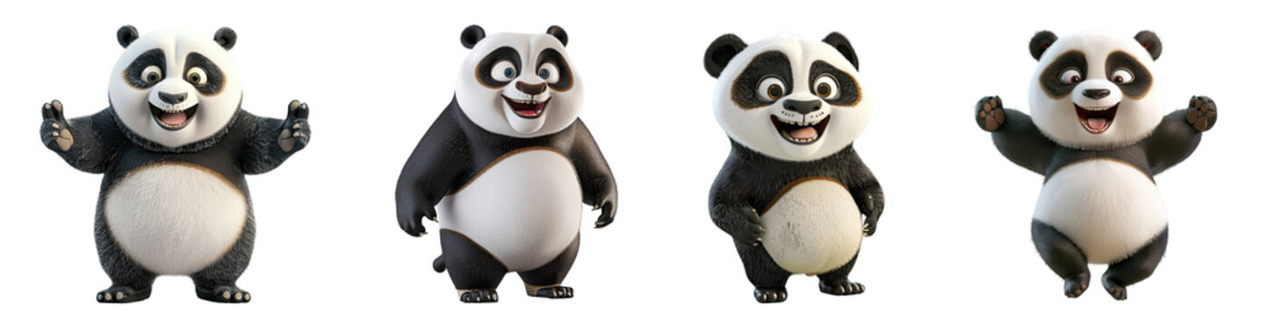 Set of 3D cute happy cartoon panda bear, isolated on white background, png