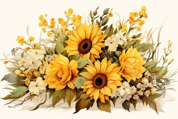 A bouquet of sunflowers and other yellow and white flowers in a watercolor style