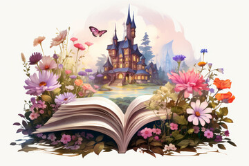 A fantasy castle with a beautiful landscape and flowers.
