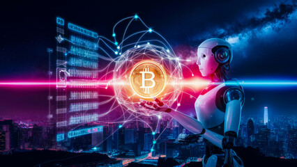 Fototapeta na wymiar A robot with a coin on his arm and a symbol Bitcoin with a blue background. Blockchain Technology Integration. Big data storage, Cloud computing, Machine learning, Ai blockchain technology