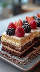 A visually captivating layered chocolate cake with cream and berries, presented on a modern dessert plate