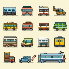Collection of icons featuring various cars, public transport, and air vehicles.