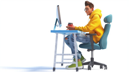 Green sneakers sits cross-legged on an office chair at blue computer desk holds red cup of coffee in hand enjoys. Young successful programmer cartoon guy in yellow hoodie, 3d render isolated