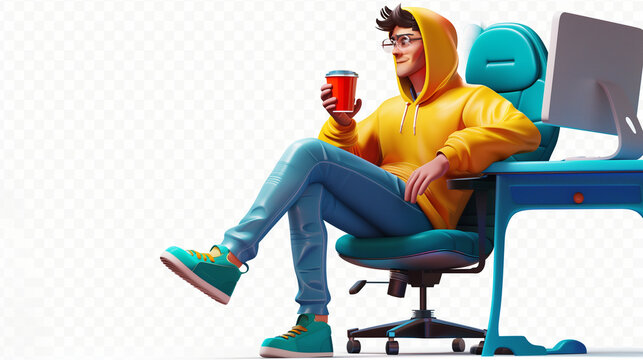 Young successful programmer cartoon guy in yellow hoodie, green sneakers sits cross-legged on an office chair at blue computer desk holds red cup of coffee in hand enjoys. 3d render isolated