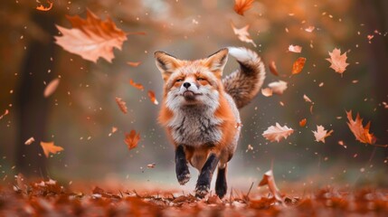 Naklejka premium A playful red fox leaping among the fallen autumn leaves in a forest.