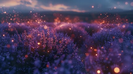 Twilight descends over a lavender field with magical sparkling lights.