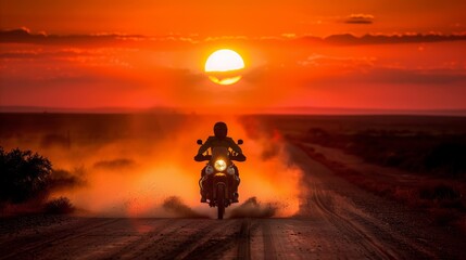 Motorcyclist riding on a remote, dusty road at sunset, with a backdrop of a dramatic sky and open landscape.