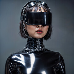 woman wearing black latex and a chain blindfold.