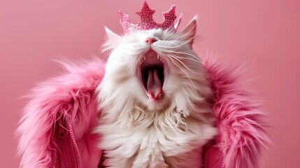 A fluffy white cat wearing a pink crown and jacket yawns widely against a pink background.