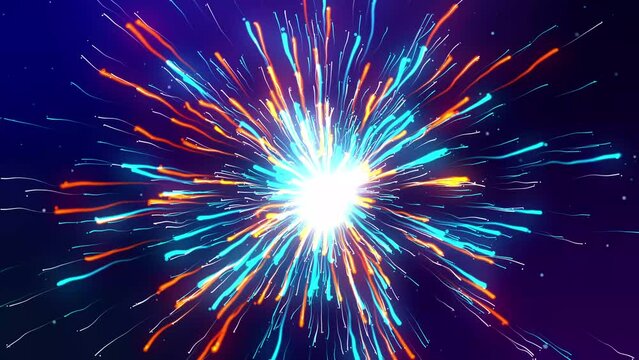 An explosion, vibrant blue and orange lines radiating from the center with white light in between on dark purple background