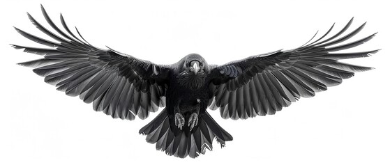 A black raven in midflight, its wings fully extended, captured in exquisite detail against a white background